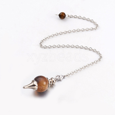 Natural Tiger Eye Sphere Dowsing Pendulums X-BJEW-E292-A09-1