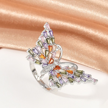 Butterfly Brass Micro Pave Colorful Cubic Zirconia Finger Rings for Women RJEW-G343-30P-01-1