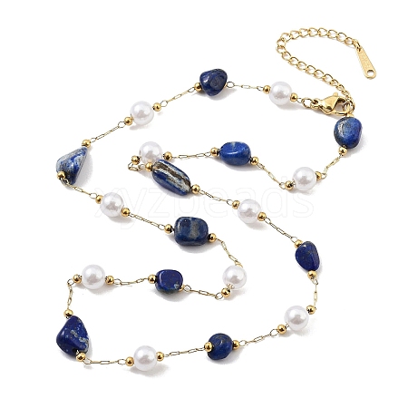 Natural Lapis Lazuli Nuggets Link Chain Necklaces NJEW-H041-06G-03-1