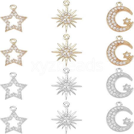 SUPERFINDINGS 12Pcs 6 Style Rack Plating Brass Micro Pave Cubic Zirconia Charms ZIRC-FH0001-18-1