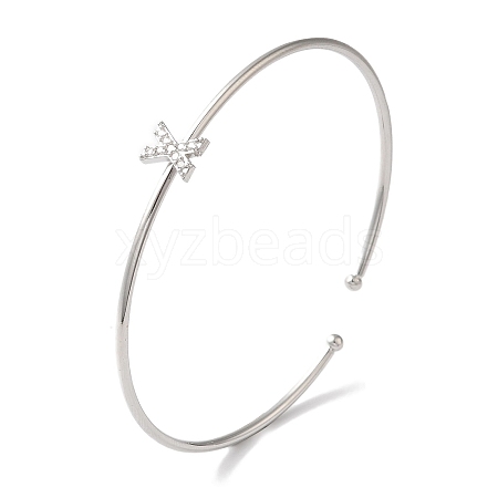 Rack Plating Brass Micro Pave Clear Cubic Zirconia Letter Open Cuff Bangles BJEW-A018-01P-X-1