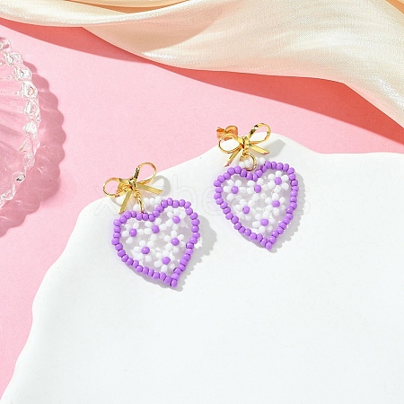 Heart Handmade Glass Seed Beads Dangle Stud Earrings EJEW-MZ00369-03-1