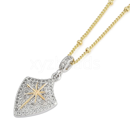 Brass Micro Pave Clear Cubic Zirconia Shield Pendant Satellite Chain Necklaces for Women NJEW-U015-05G-04-1