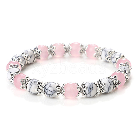 Natural Rose Quartz & Howlite Round Beaded Stretch Bracelets for Women JT2459-1-1