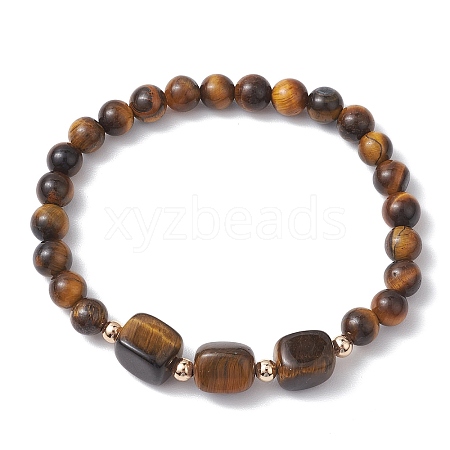 Natural Tiger Eye Cube & Round Beaded Stretch Bracelets BJEW-JB10807-03-1