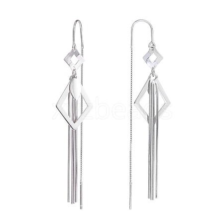 Rhodium Plated 925 Sterling Silver Rhombus with Chain Tassel Dangle Earrings JE1048A-1