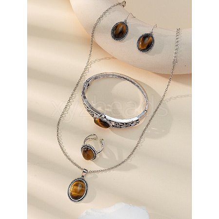 Oval Alloy with Natural Tiger Eye Pendant Necklaces & Dangle Earrings & Cuff Ring & Bangles Sets WG03D09-01-1