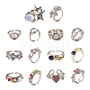 7Pcs 7 Style Rhinestone Heart & Star & Half Round Open Cuff Rings Set with Cat Eye Beaded RJEW-TA0001-03-1