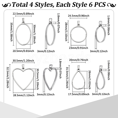 24Pcs 4 Style 304 Stainless Steel Open Back Bezel Pendants PALLOY-UN00029-1