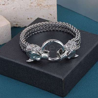 304 Stainless Steel Wolf Link Bracelet with Mesh Chains for Men Women BJEW-SZ0002-65-1