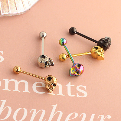 Skull 304 Stainless Steel Straight Barbell 15 Gauge Piercing Tongue Rings for Women Men FS-WG07D05-01-1