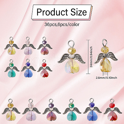 36Pcs 6 Colors Angel Glass Pendants PALLOY-CA00009-1