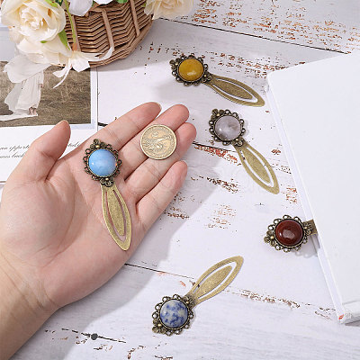 5Pcs Round Natural Rose Quartz & Blue Spot Jasper & Dyed White Jade & Dyed Agate & Opalite Bookmarks AJEW-CA00018-1
