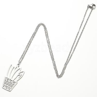 304 Stainless Steel Cutout Potted Plant Pendant Necklaces for Women WGA529A-10-1