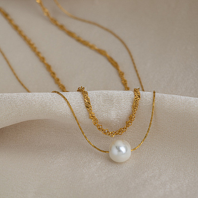304 Stainless Steel Double Layer Necklaces with White Round Faux Pearl Pendants for Women KQ2558-1