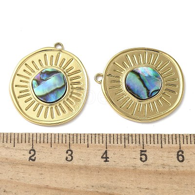 Flat Round 304 Stainless Steel Natural Paua Shell/White Shell Pendants Ion Plating(IP) STAS-U037-10G-01-1