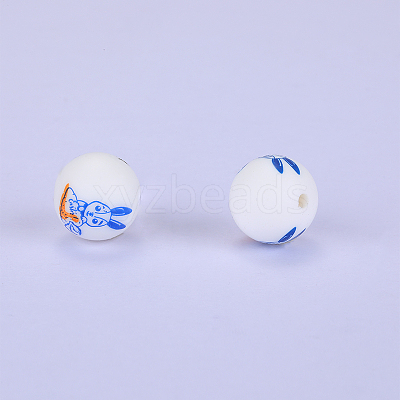 Printed Round with Rabbit Pattern Silicone Focal Beads SI-JX0056A-151-1