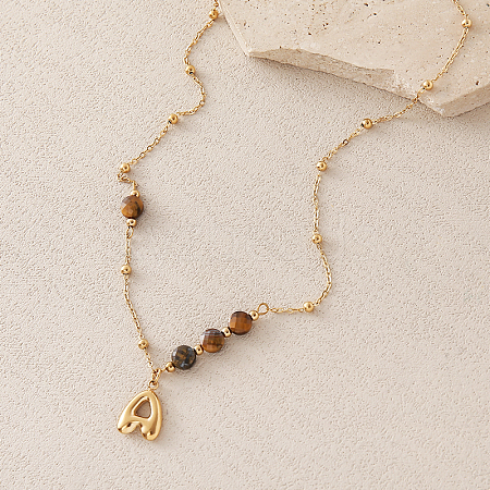 European Faceted Natural Tiger Eye 304 Stainless Steel Alphabet Pendant Necklaces QN9691-1-1