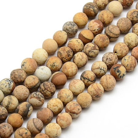 Frosted Natural Picture Jasper Round Bead Strands G-M064-8mm-05-1