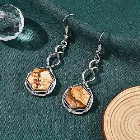 Hexagon Natural Picture Jasper Dangle Earrings EJEW-K298-01P-11-1