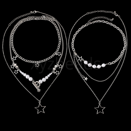 2 Sets 2 Styles Zinc Alloy Star Pendant Layered Necklaces for Women NJEW-SC0001-52-1