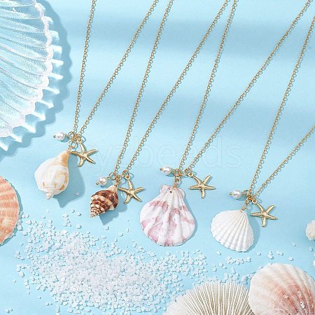 4Pcs 4 Styles Summber Beach Natural Mixed Shell Pendant Necklaces NJEW-TA00184-1