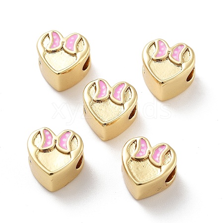 Heart with Bowknot Pattern Rack Plating Brass Enamel Beads KK-G512-04G-1