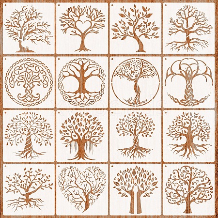 16Pcs Tree PET Plastic Hollow Painting Silhouette Stencil PW-WG68732-01-1