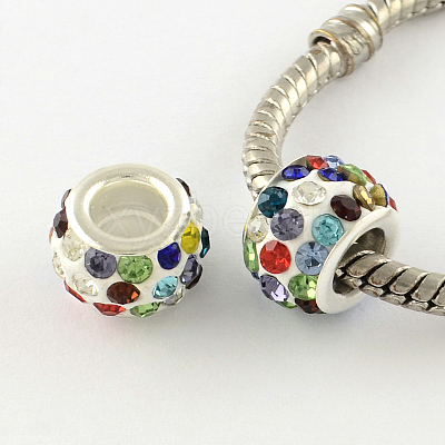 Polymer Clay Rhinestone European Large Hole Beads with Silver Color Plated Brass Cores FPDL-R002-18-1