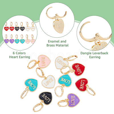 12Pcs 6 Colors Heart with Word Love Enamel Dangle Leverback Earrings EJEW-DC0001-26-1