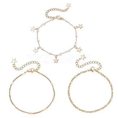 Round ABS Imitation Pearl Beaded Chains & 304 Stainless Steel Cable Chains Stackable Bracelets for Women BJEW-JB12452-02-1