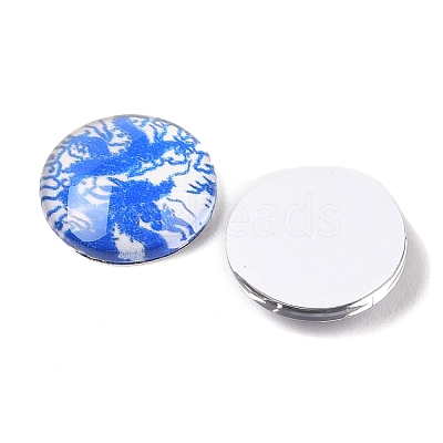 Blue and White Floral Printed Glass Cabochons GGLA-A002-14mm-XX-1