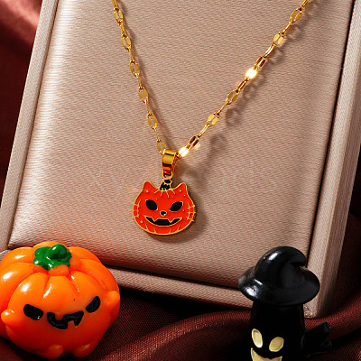 304 Stainless Steel Enamel Halloween Cat Pumpkin Pendant Dapped Chain Necklaces TA2599-1