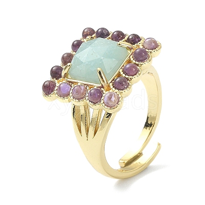 Natural Amazonite & Amethyst Rectangle Adjustable Ring RJEW-B030-01B-02-1
