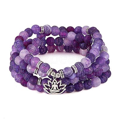 Natural Weathered Agate Round Beaded Wrap Bracelet with Alloy Ohm/Aum Lotus AJEW-PH00503-01-1