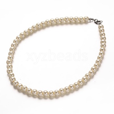 Stainless Steel Dyed Glass Pearl Round Bead Strands and Bracelets Jewelry Sets SJEW-M039-01B-1