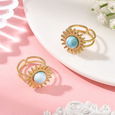 Natural Larimar Cabochons & Stainless Steel Cuff Open Rings RJEW-JR01090-01-1