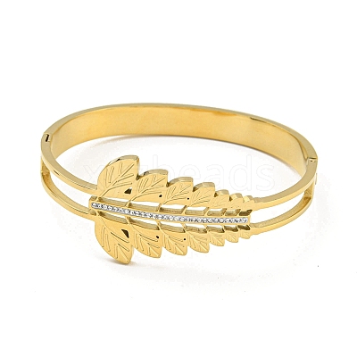 304 Stainless Steel Pave Crystal Rhinestone Hollow Out Leaf Hinged Bangles for Women BJEW-D044-03A-G-1