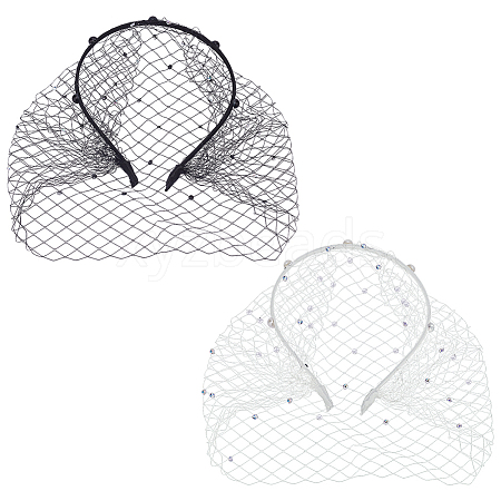 BENECREAT 2Pcs 2 Colors Bridal Rhinestones Pearl Mesh Veil Cloth Hair Bands OHAR-BC0001-03-1