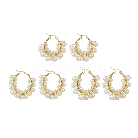 3 Pair 3 Size Natural Pearl Beaded Hoop Earrings EJEW-JE05168-1