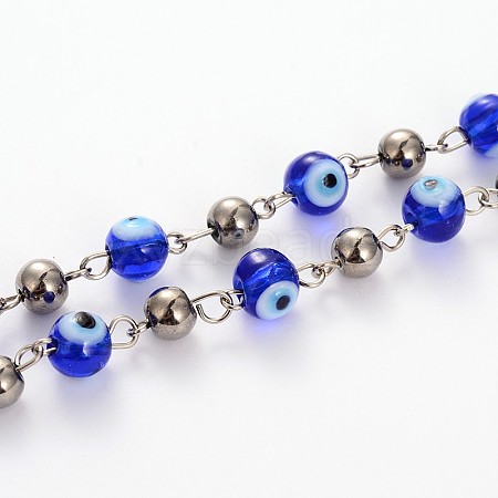 Handmade Evil Eye Lampwork Round Beads Chains for Necklaces Bracelets Making AJEW-JB00106-04-1