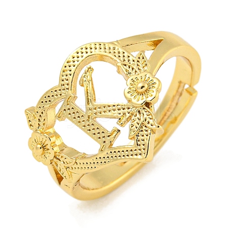 Heart with Letter & Flower Rack Plating Brass Adjustable Rings for Women RJEW-I105-05G-K-1