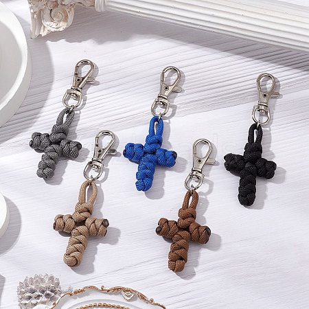 Handmade Woven Polyester & Spandex Cross Pendant Decorations HJEW-JM02690-1