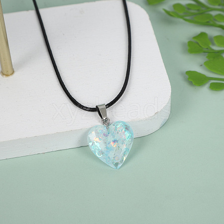 Luminous Heart with Paillette Inside Pendant Black Wax Cord Necklaces FS-WGF75A0-10-1
