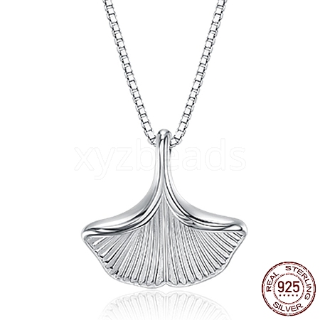Rhodium Plated 925 Sterling Silver Ginkgo Leaf Pendant Necklace STER-BB71192-A-1