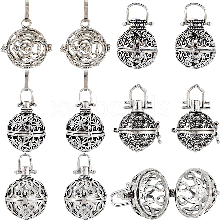 SUNNYCLUE 10Pcs 5 Styles Tibetan Style Brass Cage Pendants KK-SC0004-31-1