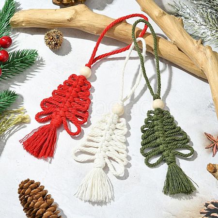 3Pcs 3 Colors Handmade Macrame Cotton Christmas Tree Pendant Decoration HJEW-JM02708-1