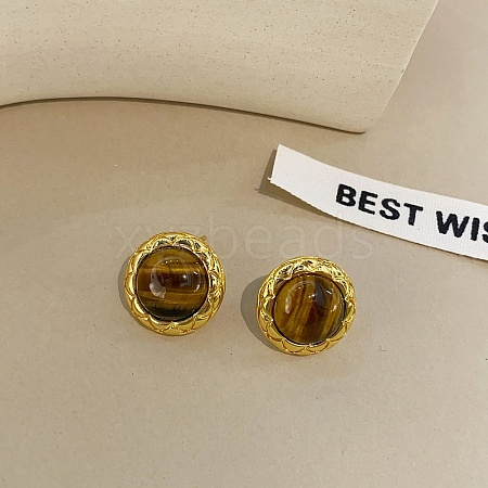 Brass Tiger Eye Stud Earrings EJEW-B120-05G-06-1