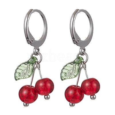Cherry Glass with Acrylic Dangle Leverback Earrings EJEW-JE05612-1