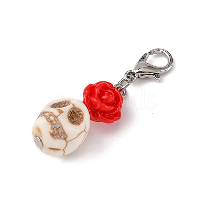 Skull Synthetic Turquoise & Resin Rose Pendant Decorations HJEW-JM03998-1